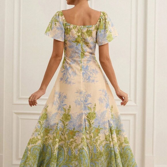 Green Elegant Women's Floral Dress - Picture 2 of 6